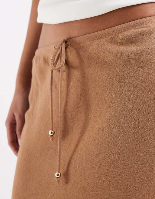 New Look - Schuingesneden midi rok van linnenmix in lichtbruin, 3 van 5