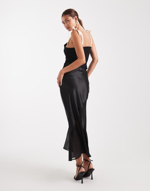 New Look - Schuingesneden midi rok van satijn en chiffon in zwart, 4 van 5