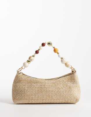 New Look - Schultertasche aus Bast in Steinbeige mit Perlenhenkel-Neutral