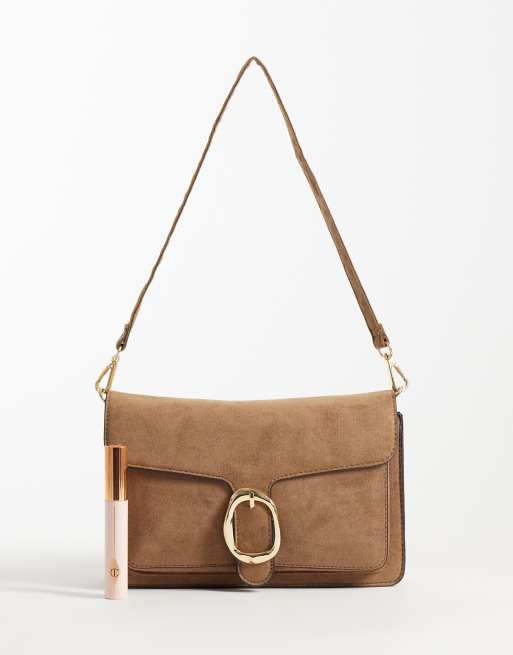 New Look – Schultertasche aus Wildlederimitat in Nerzbraun mit Schnallendetail, 2 von 4