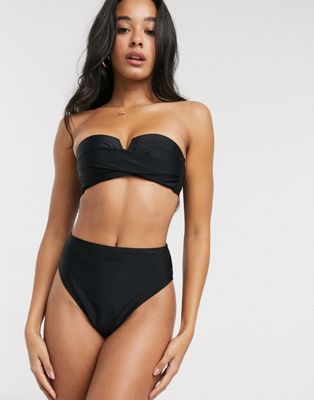 New Look – Schwarze Bikinihose mit hohem Beinausschnitt und hohem Bund