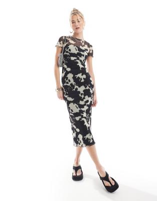 New Look - Schwarzes Midikleid aus Netzstoff mit Kuh-Print