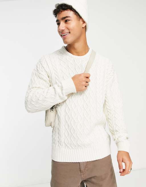 New Look – Schwerer Strickpullover in gebrochenem Weiß mit Zopfmuster