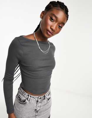 New Look scoop hem slash neck top in dark grey | ASOS