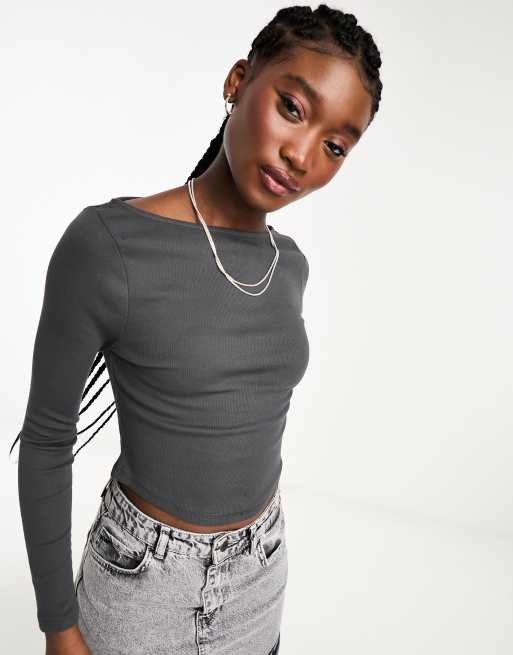 ASOS DESIGN seamless scoop neck long sleeve top in Slate Grey