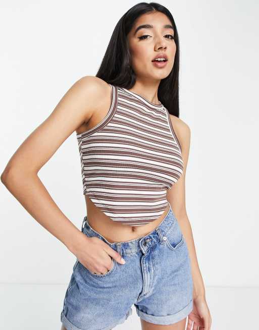 New Look scoop hem striped racer cropped singlet in brown
