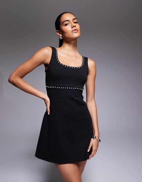New Look scoop neck diamante detail mini dress in black