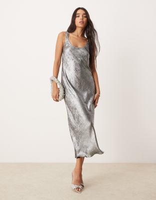 New Look New Look scoop neck foil satin midi dress in silver