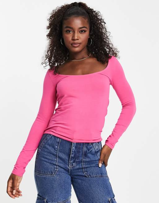 Scoopneck Long Sleeve Crop Top in Neon Pink Plush Velvet - The