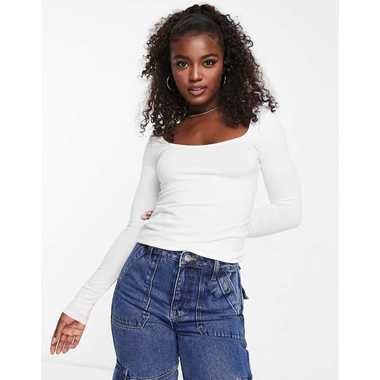 New Look scoop neck long sleeved top in white