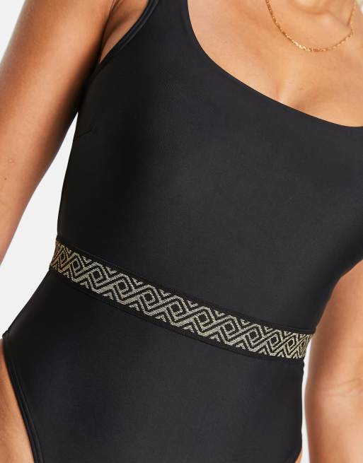 New Look scoop neck swimsuit with monogram waist belt in black, 3 of 4