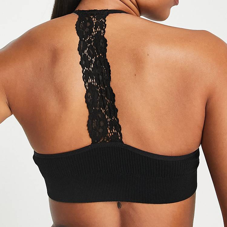 New Look seamless lace back crop bra top in black