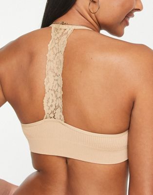 New Look lace back seamless bra in tan