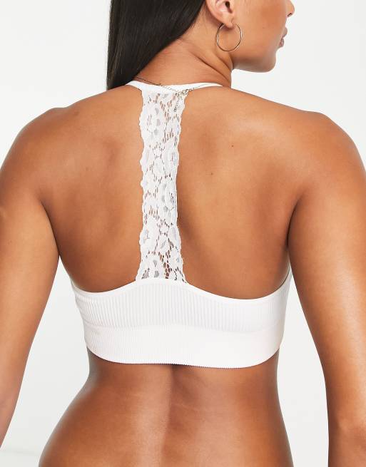 New Look seamless lace back crop bra top in white