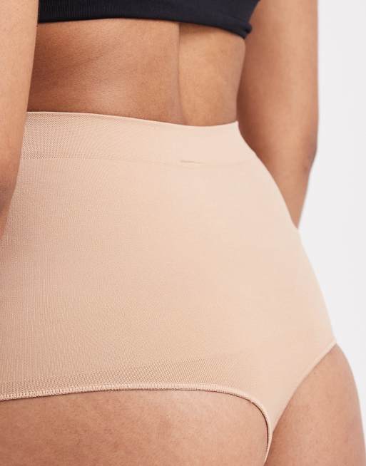 New Look seamless shaping high waisted thong in tan, 2 of 3