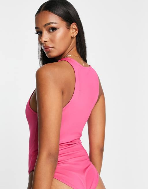 Hot Pink Slinky Racer Neck Bodysuit