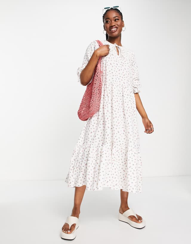 New Look seersucker oversized collar smock midi dress in white