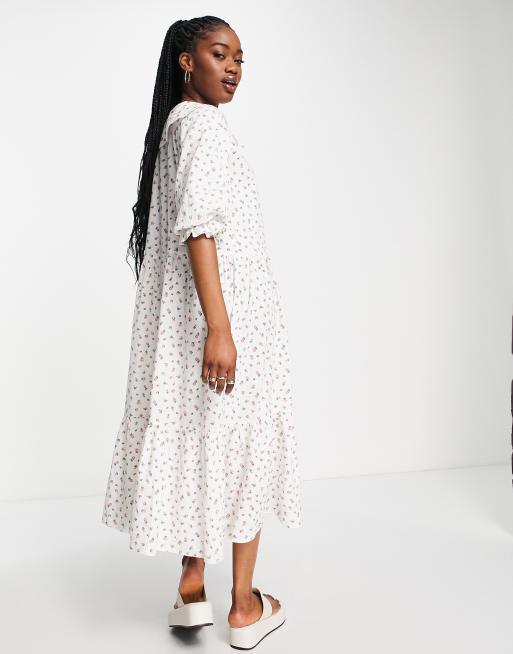 New Look seersucker oversized collar smock midi dress in white