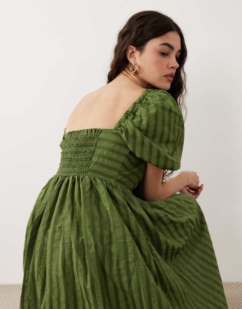 New Look seersucker puff sleeve midi dress in dark khaki - view 1