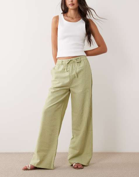 New Look seersucker stripe wide leg trousers in green