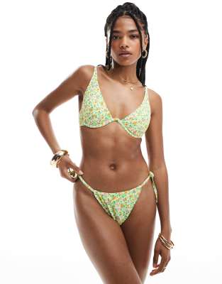 New Look - Seitlich gebundene Bikinihose in Gelb mit Blümchenmuster