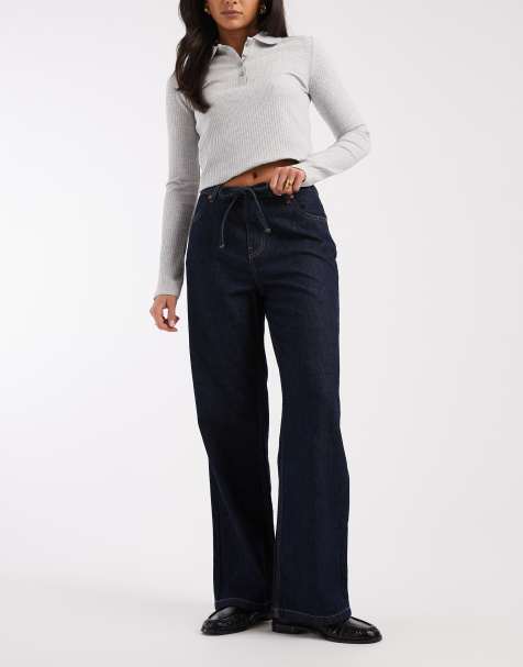 New Look self tie drawcord wide leg jeans in indigo blue - view 1