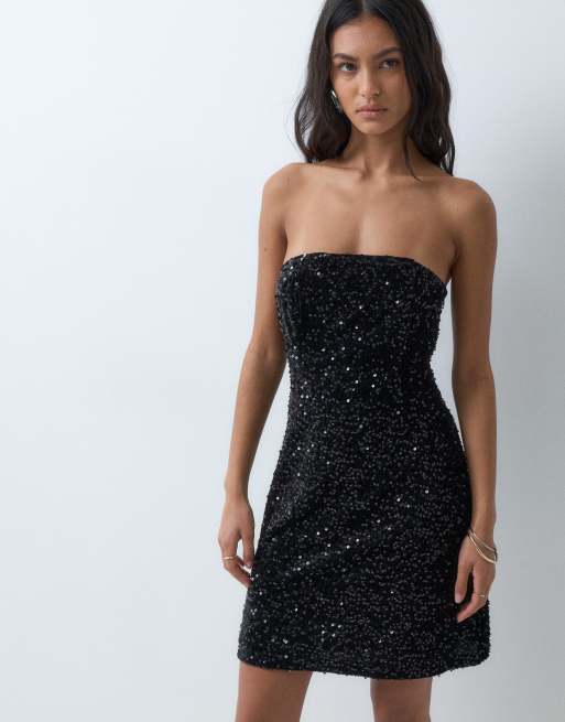 New Look sequin bandeau mini dress in black, 2 of 5