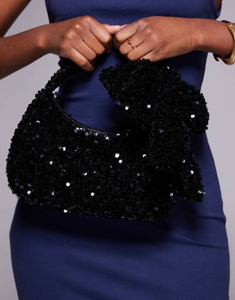 New Look sequin bow grab bag in black - view 1