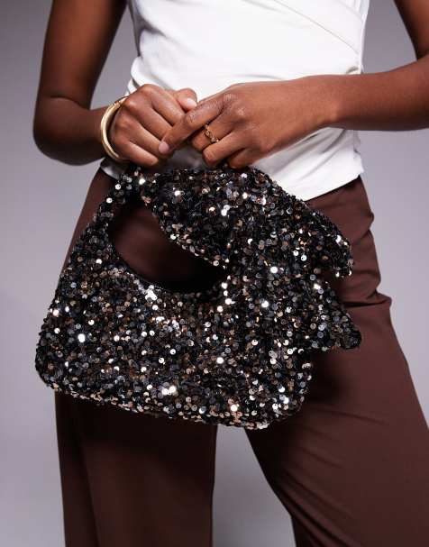 New Look sequin bow grab bag in brown - view 1