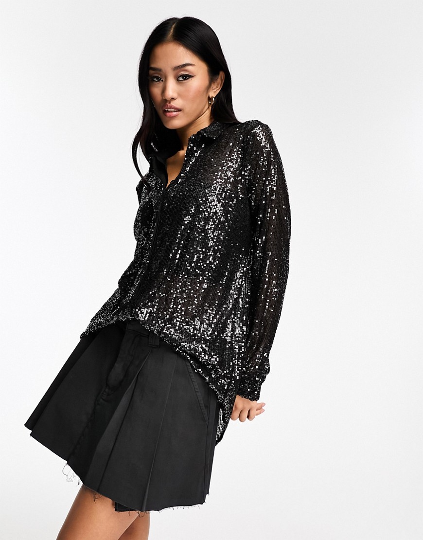 New Look sequin button through shirt in black