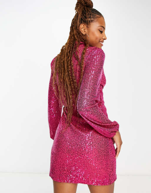 New Look sequin collar long sleeve wrap dress in bright pink ASOS