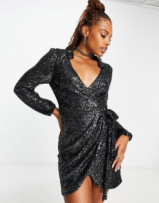 New Look sequin collar long sleeve wrap dress in pewter