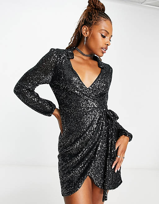 New Look sequin collar long sleeve wrap dress in pewter | ASOS