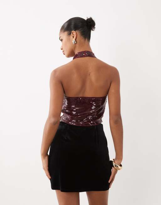 New Look sequin cowl neck top in burgundy, 3 of 4