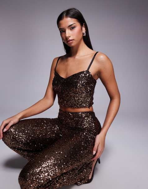 New Look sequin cropped cami top in brown (part of a set) - view 1