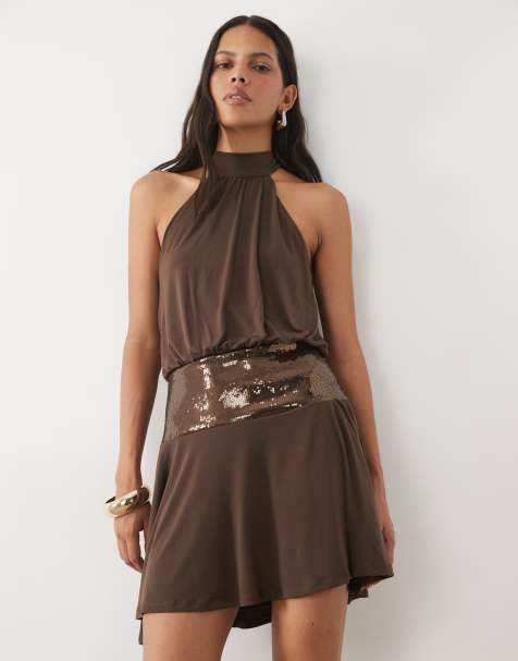 New Look sequin drop waist mini dress in dark brown - view 1