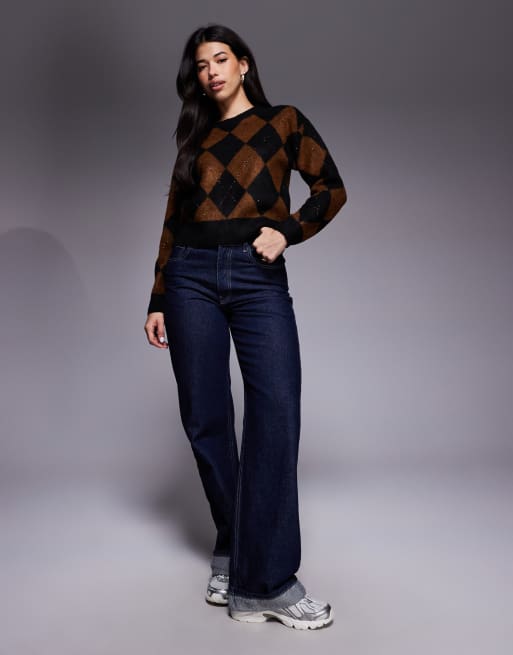 New Look sequin embellished argyle jumper in black, 2 of 4