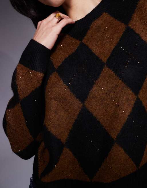 New Look sequin embellished argyle jumper in black, 3 of 4