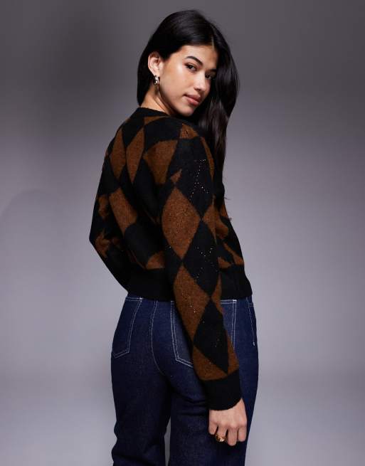 New Look sequin embellished argyle jumper in black, 4 of 4
