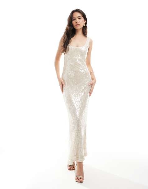 New Look sequin embellished midi dress in cream - view 1