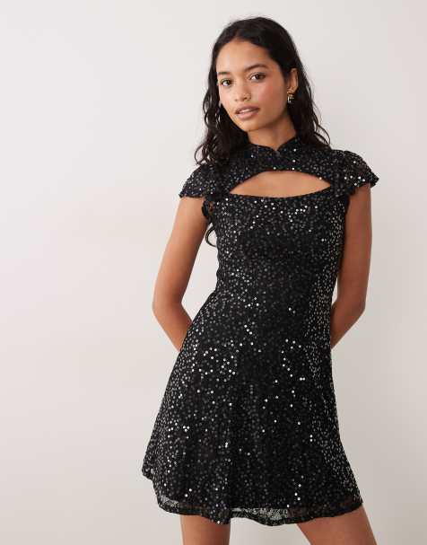 New Look sequin lace keyhole mini dress in black - view 1