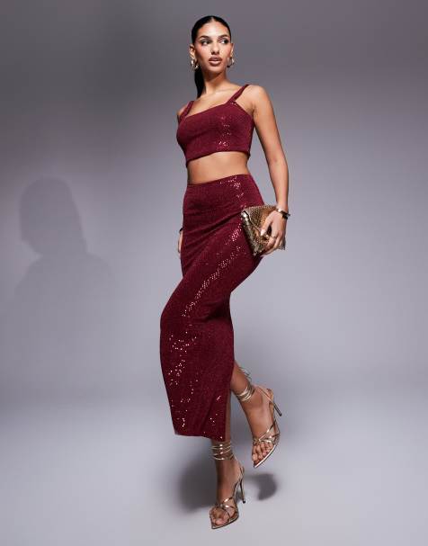 New Look sequin midi skirt co-ord in burgundy - view 1
