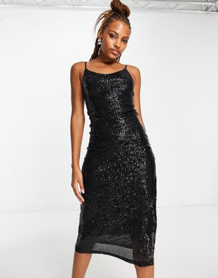 New Look sequin midi slip dress in black