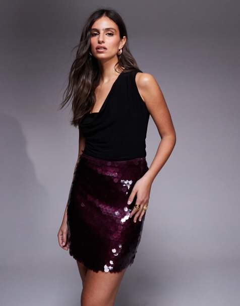 New Look sequin mini skirt in burgundy - view 1