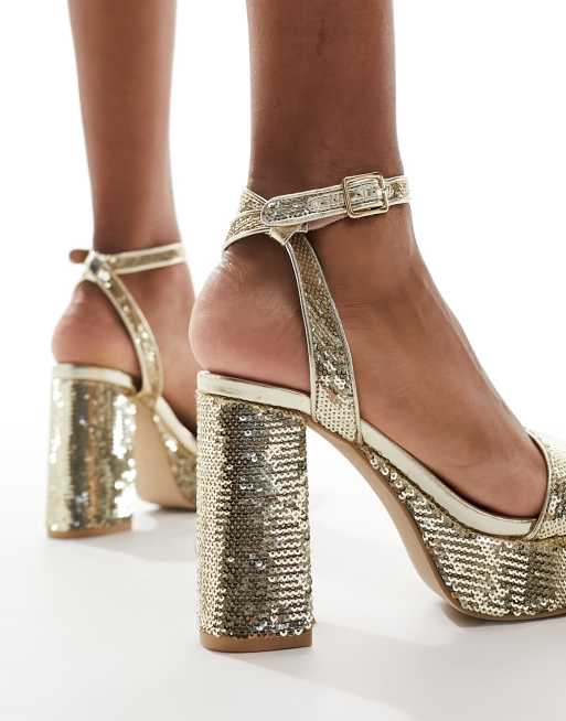 New Look sequin platform heeled sandal in gold ASOS