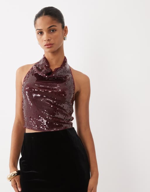 New Look sequin plunge cowl neck top in burgundy, 2 of 4