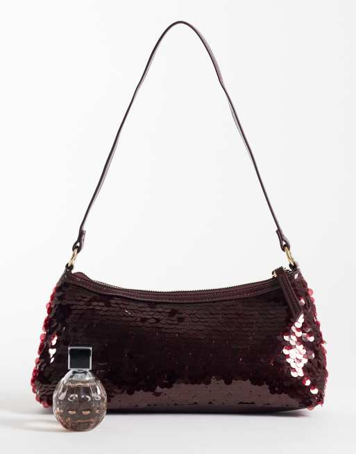 New Look sequin shoulder bag in burgundy, 3 of 4