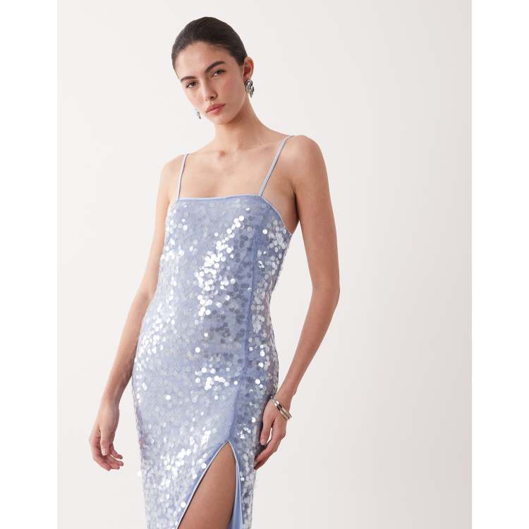 new look blue sequin dress Pale Blue Sequin Halter Neck Mini Dress
