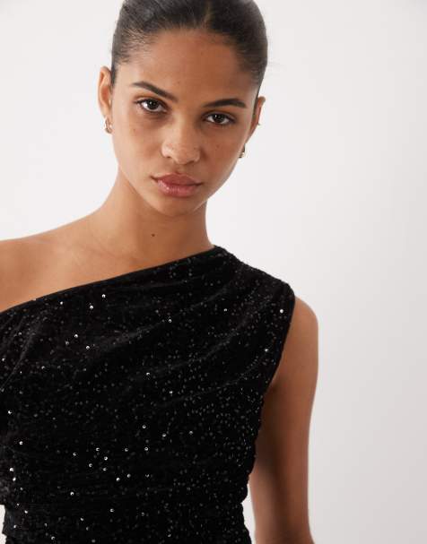 New Look sequin velvet drape detail top in black - view 1