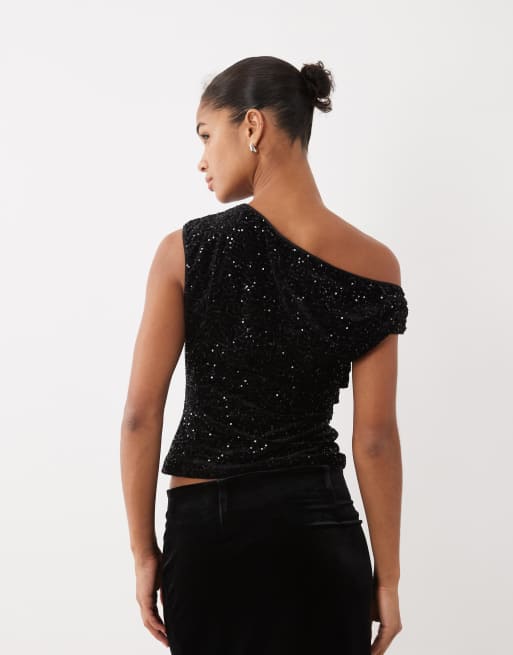 New Look sequin velvet drape detail top in black, 4 of 4